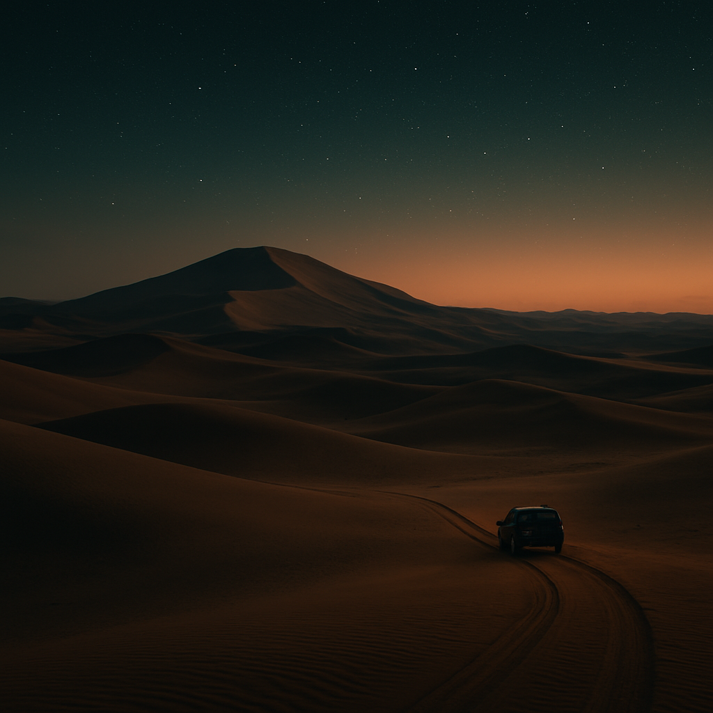 Vast sand dunes at twilight with a single vehicle trail
