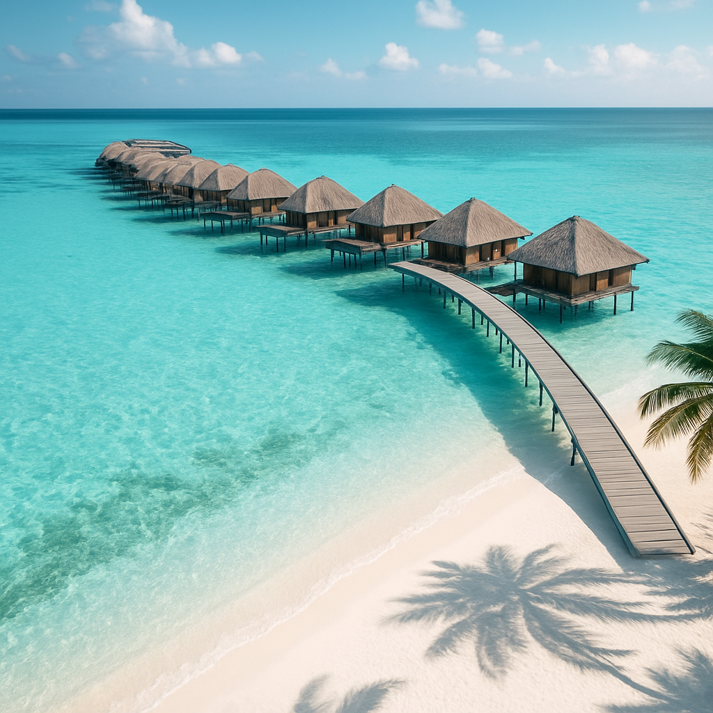 Aerial view of overwater bungalows on a turquoise lagoon