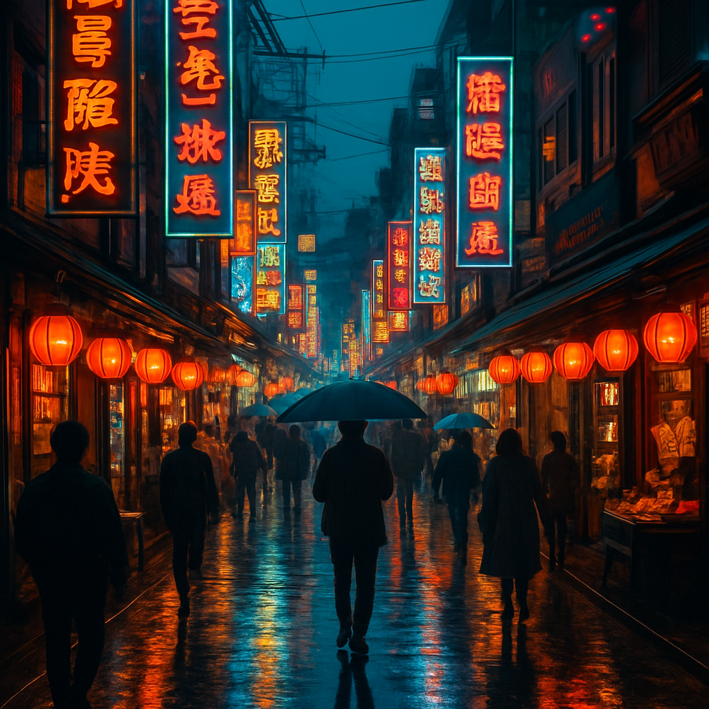 Vibrant neon-lit Asian city street at night in the rain