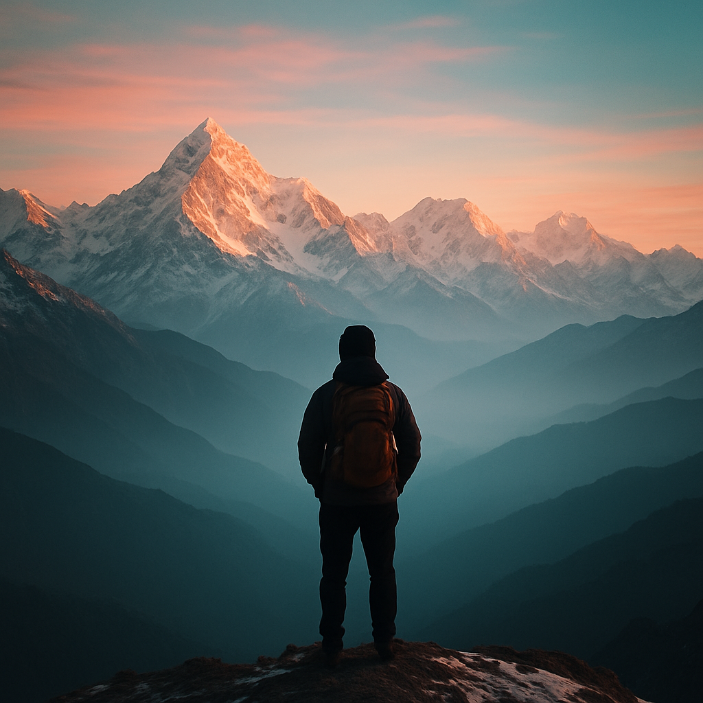 A traveler looking out over snow-capped Himalayan peaks at sunrise