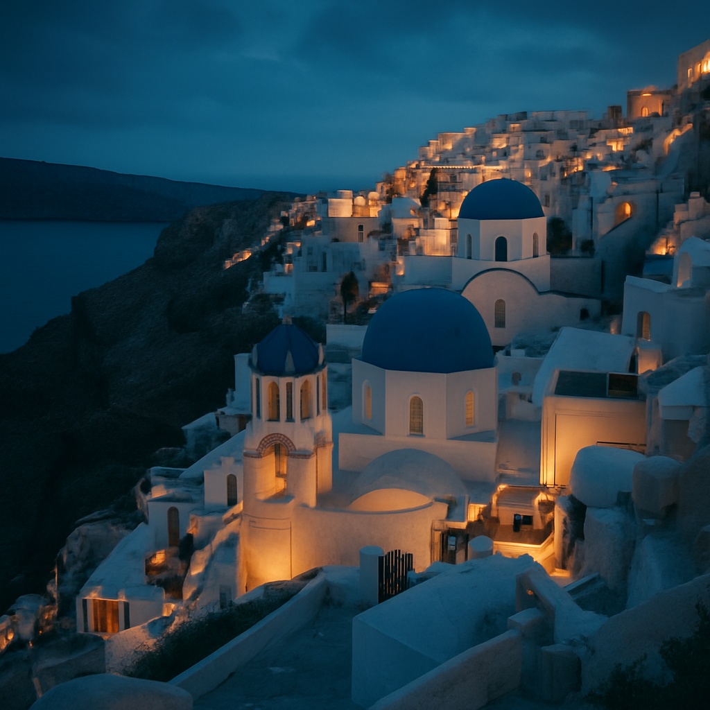 White-washed Greek island village at dusk overlooking the Aegean sea