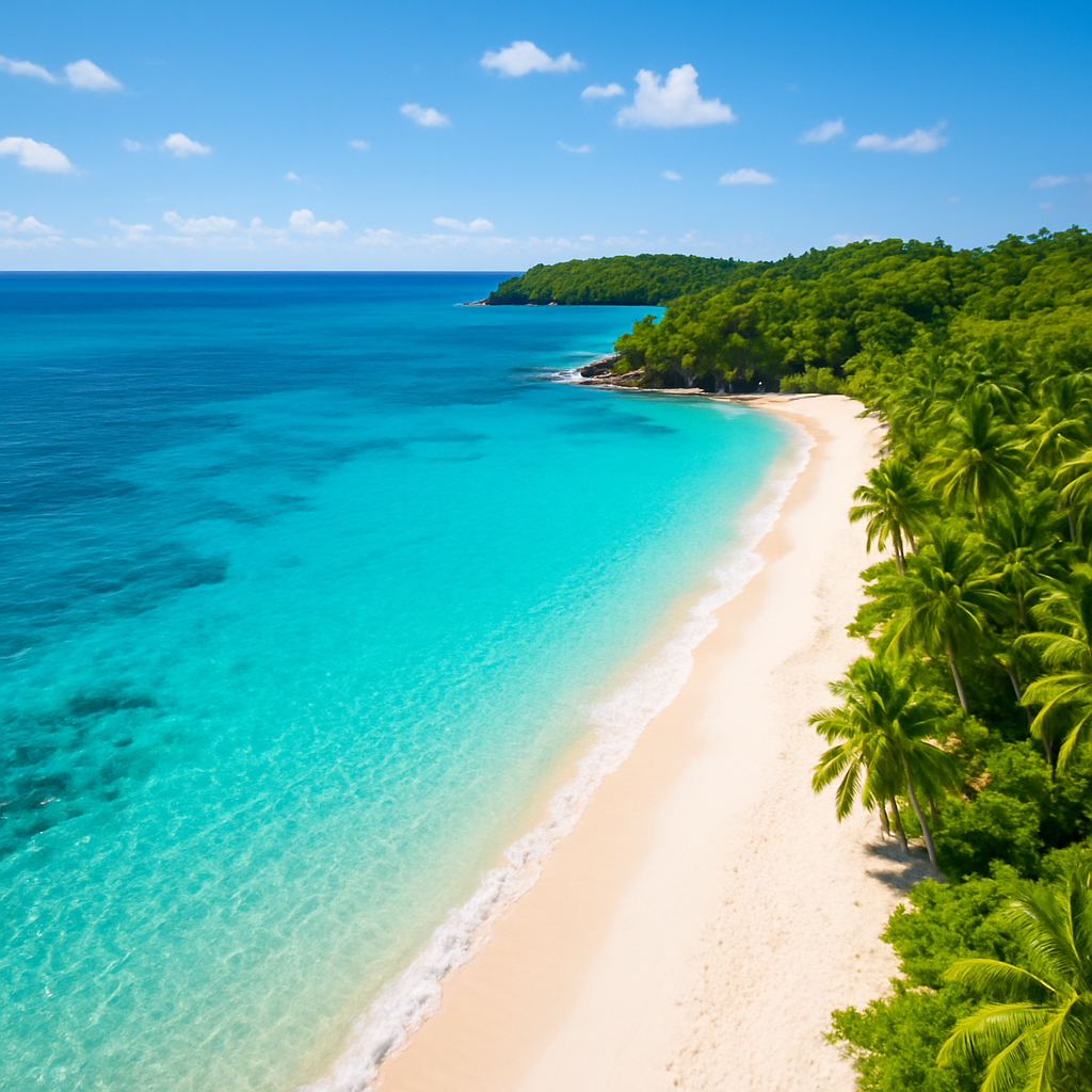Bright sunny aerial view of a tropical coastline at midday