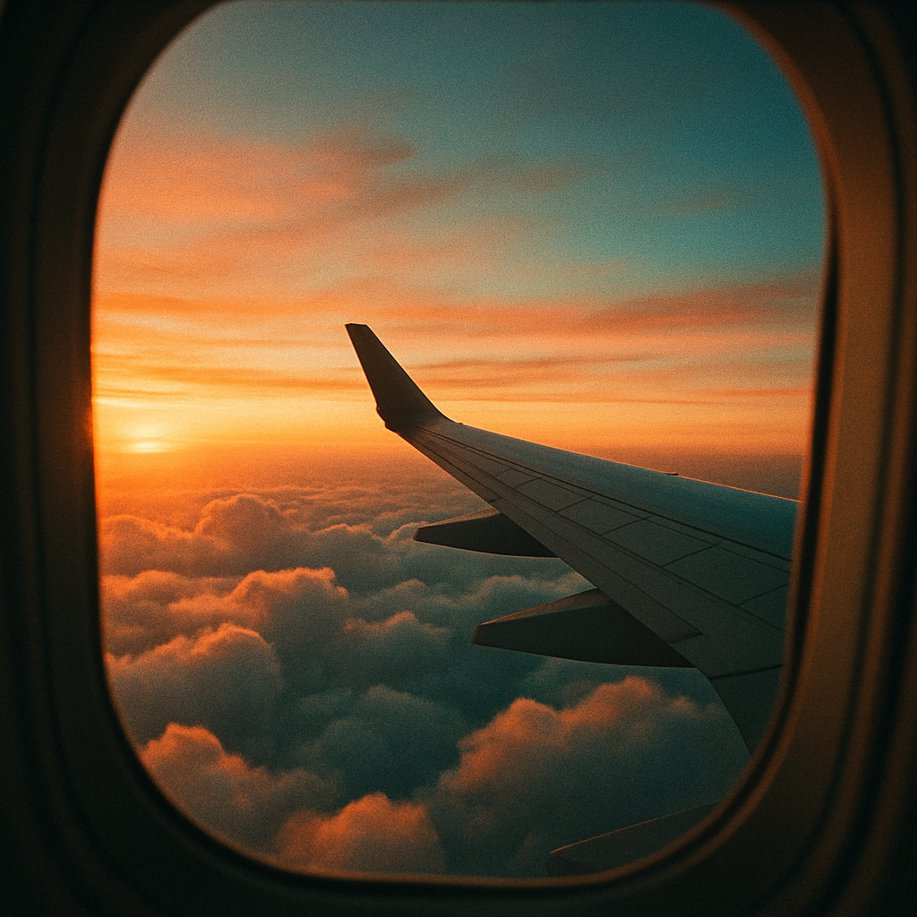 View from an airplane window over a glowing sunset cloudscape